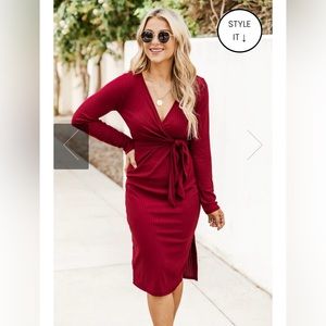 Pink Lily Ribbed Tie Red Midi Dress